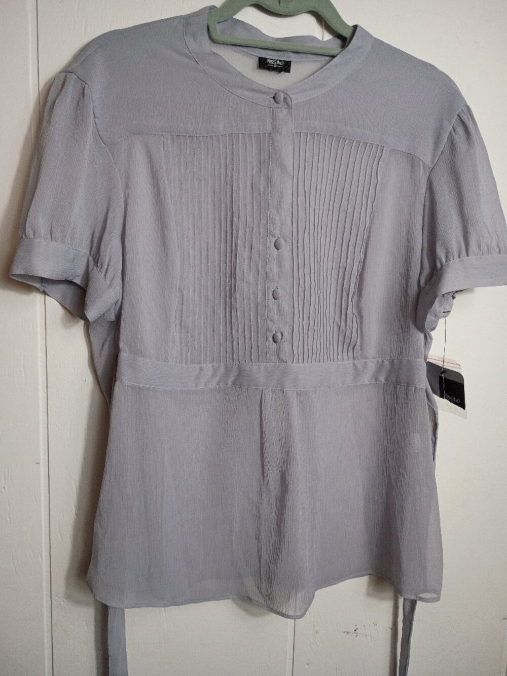 NEW Mossimo VTG Gray Sheer Pintuck Pemplum Back Tie Short Sleeve Top XL